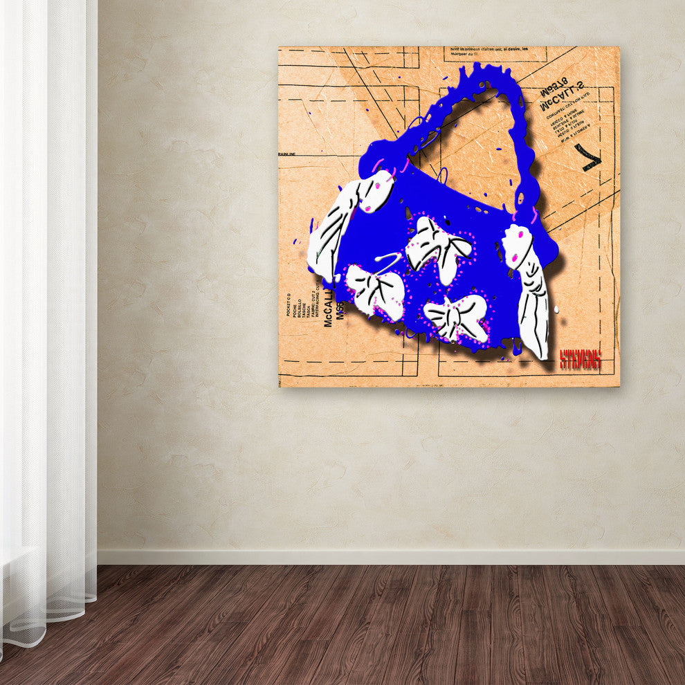 'Bow Purse White on Blue' Canvas Art by Roderick Stevens