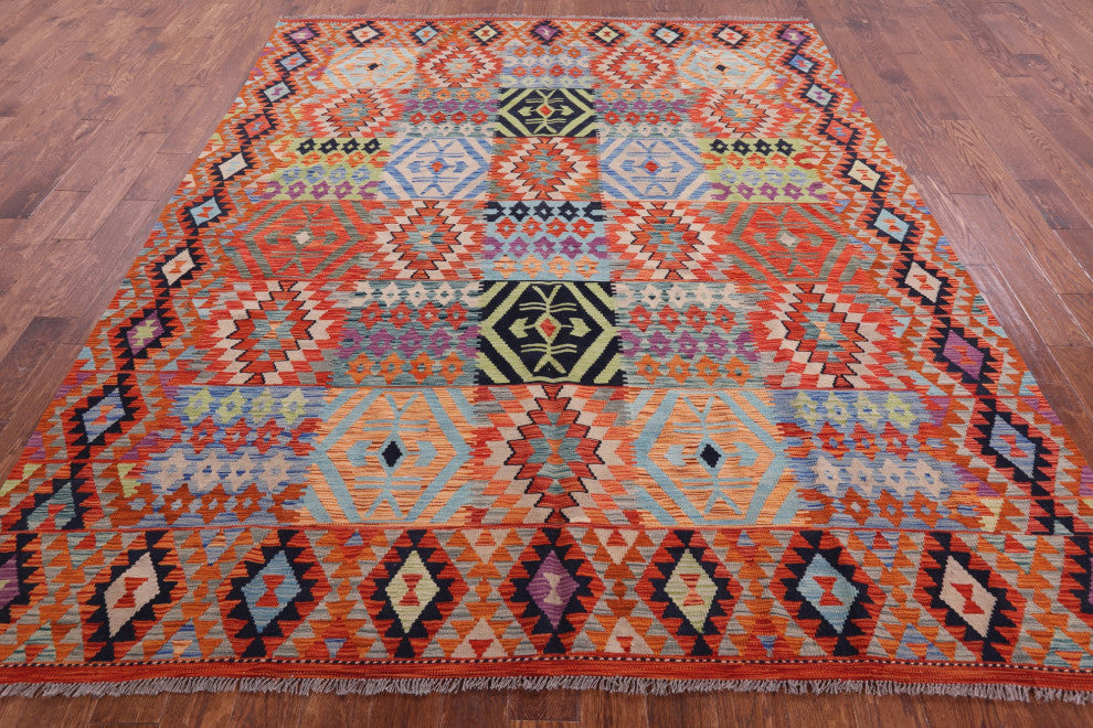 8' 3" X 9' 9" Flat Weave Kilim Reversible Wool On Wool Rug Q9478