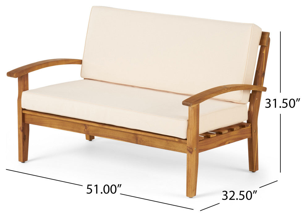 GDF Studio Keanu Outdoor Acacia Wood Loveseat and Coffee Table Set With Cushions, Beige