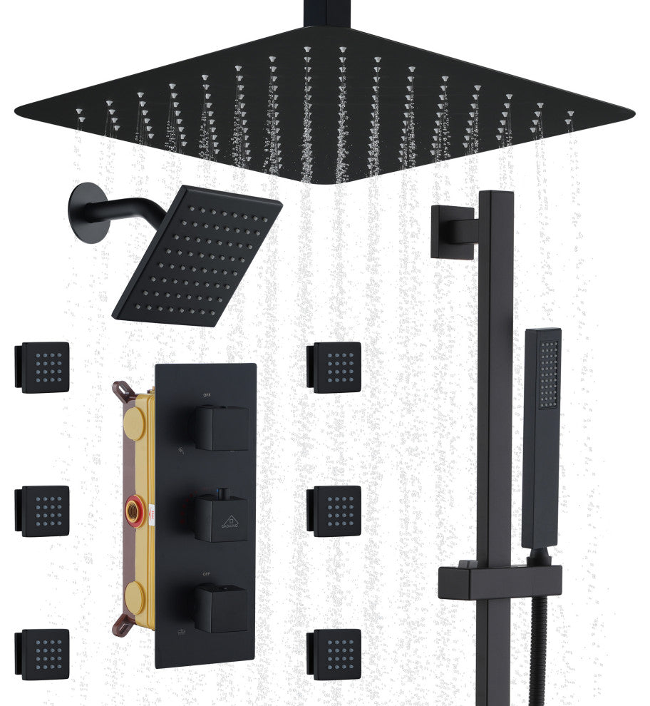 16inch Deluxe Showerhead Dual Shower Head System With Slide Bar and 6 Body Jets, Matte Black