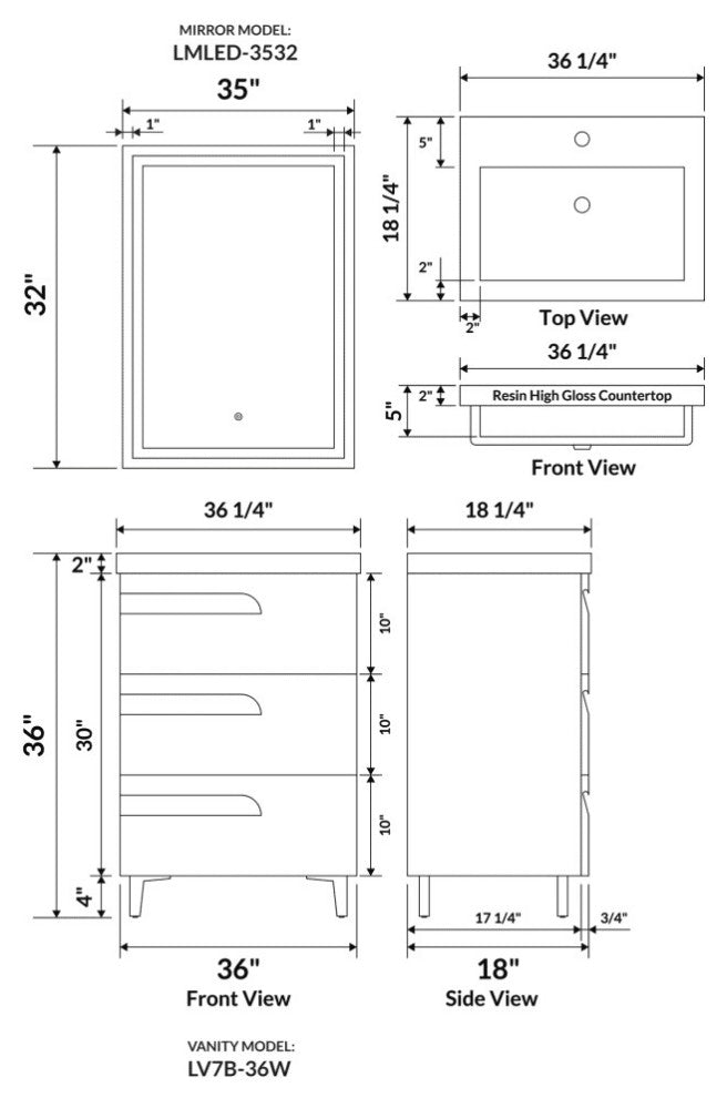 Freestanding Modern Vanity LV7B High Gloss, White, 36 in