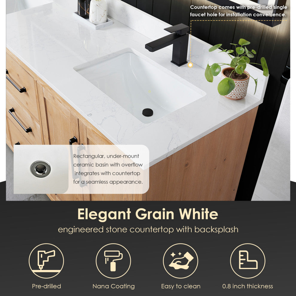 Cicero Vanity, Grain White Engineered Stone Countertop, Light Brown, 72", No Mirror