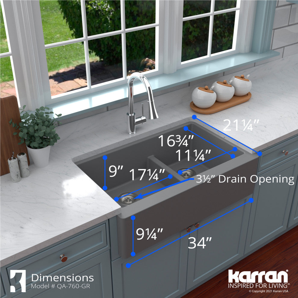 Karran Farmhouse Quartz 34" Double Offset Bowl Sink Kit, Grey