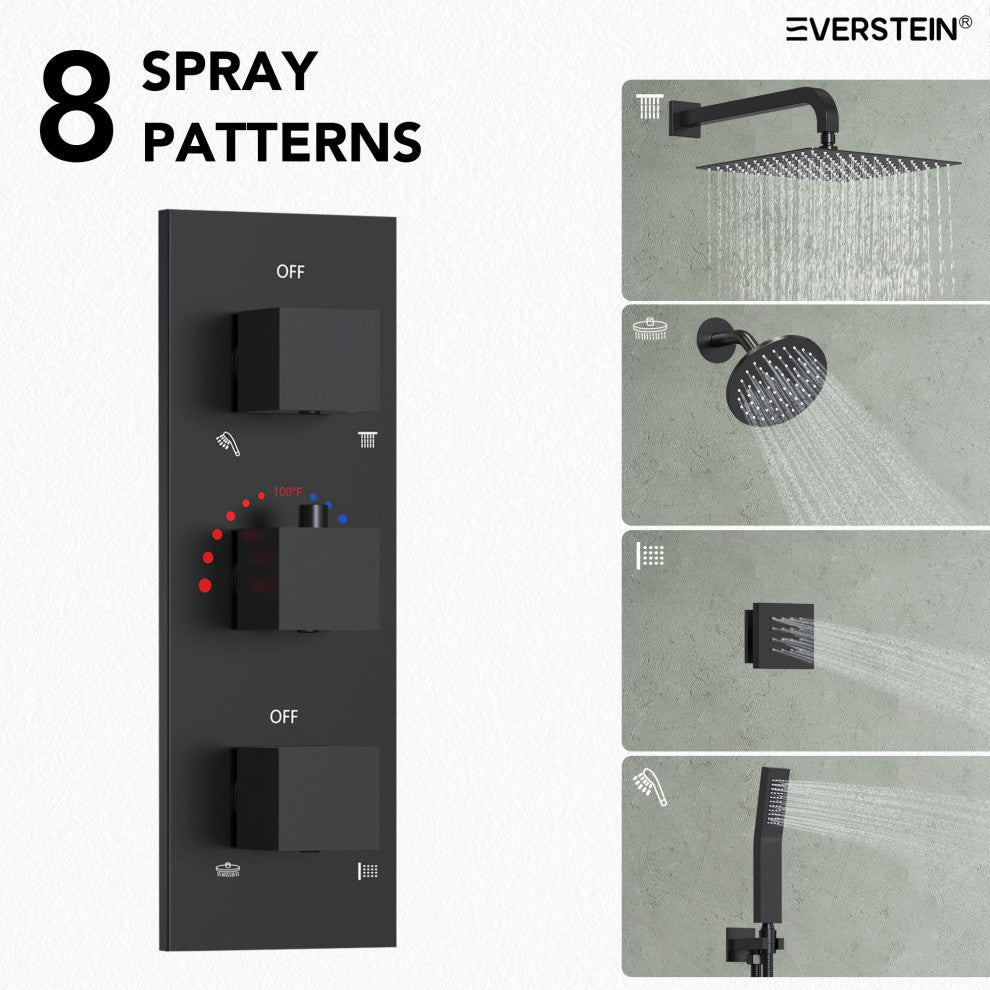 Dual Heads 12" Rain Shower System With 3 Way Thermostatic Faucet,Body Jets, Matte Black