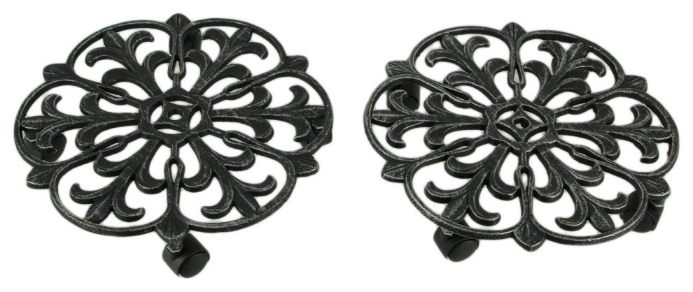 Cast Iron Heavyweight Floral Scroll Plant Caddy With Wheels Set of 2, Black