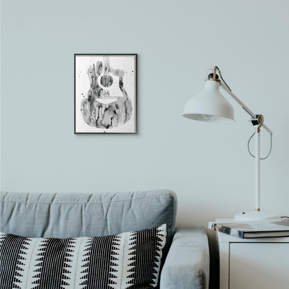 Abstract Guitar Watercolor Pattern Painting, 11"x14", Black Frame