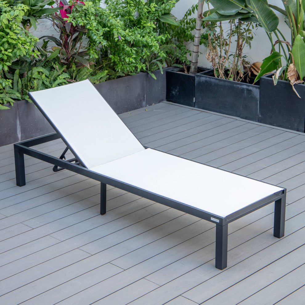 LeisureMod Marlin Patio Chaise Lounge Chair With Black Frame, White