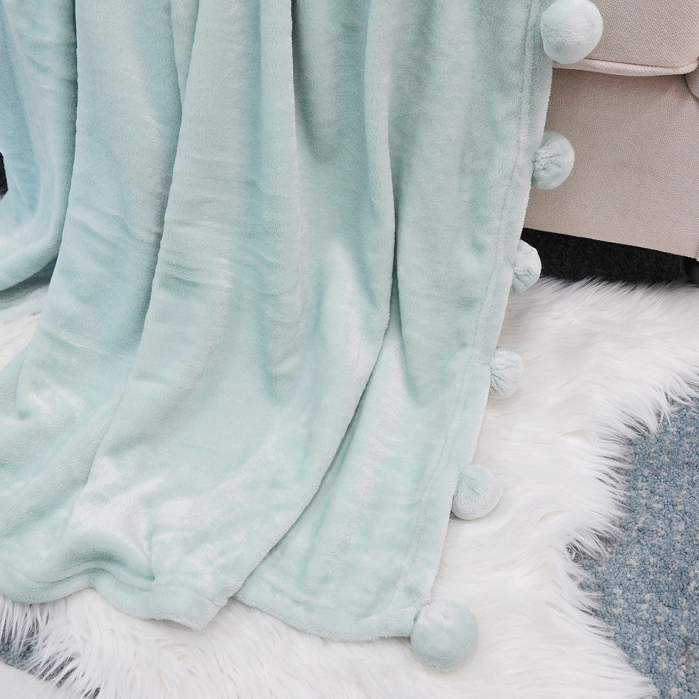 Pom Pom Flannel Fleece Throw Blanket, Harbor Grey, 50" X 60"