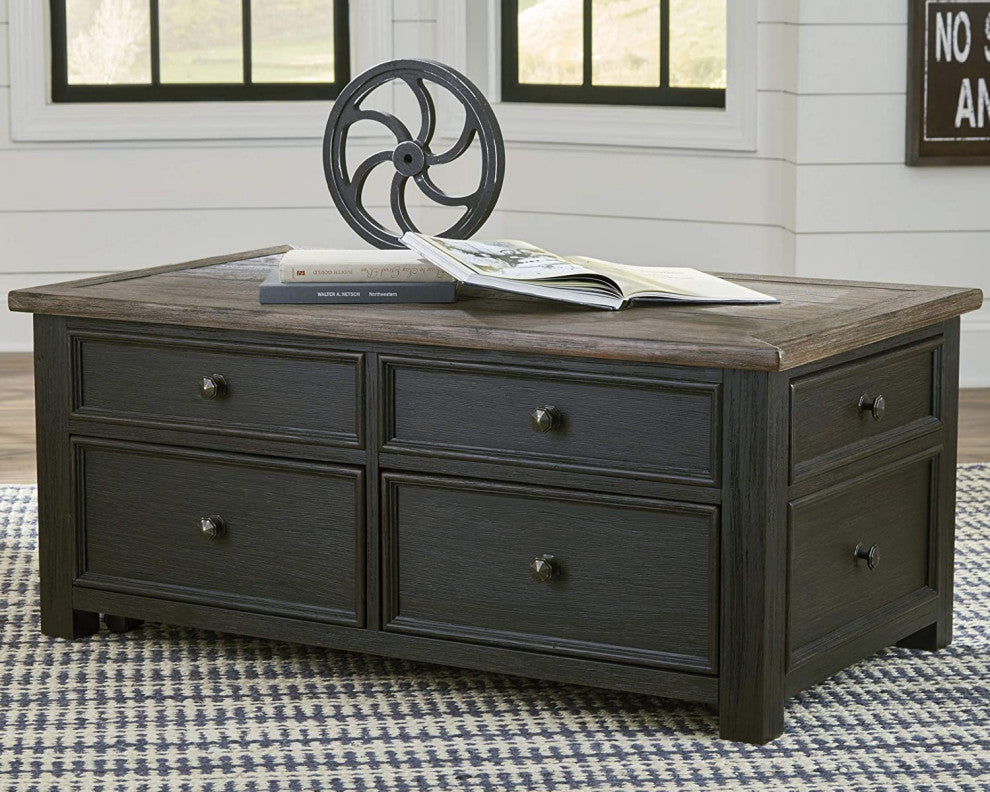 Farmhouse Coffee Table, Drawers With Raised Edges and Lift Up Top, Brown/Black