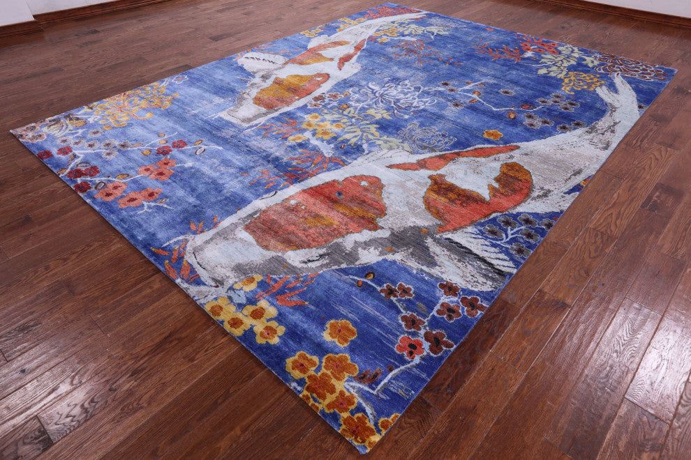 8' 10" X 11' 11" Silk Fish Design Handmade Rug Q11599