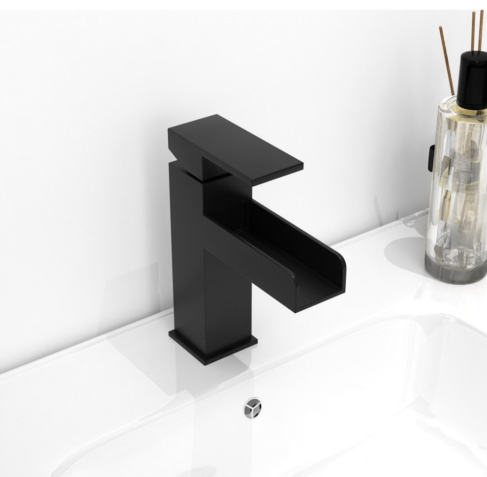 Modern Single Handle One Hole Waterfall Bathroom Sink Faucet Solid Brass, Matte Black