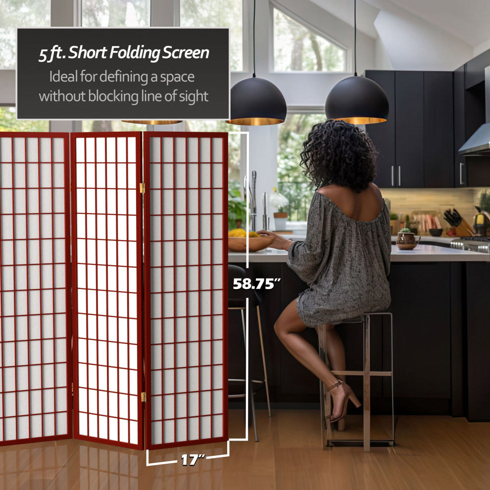 5' Tall Window Pane Shoji Screen, Rosewood, 3 Panels