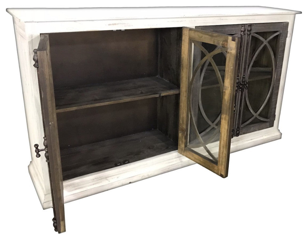 4 Door Glass Door Console With Iron Hardware, White With Brown Doors