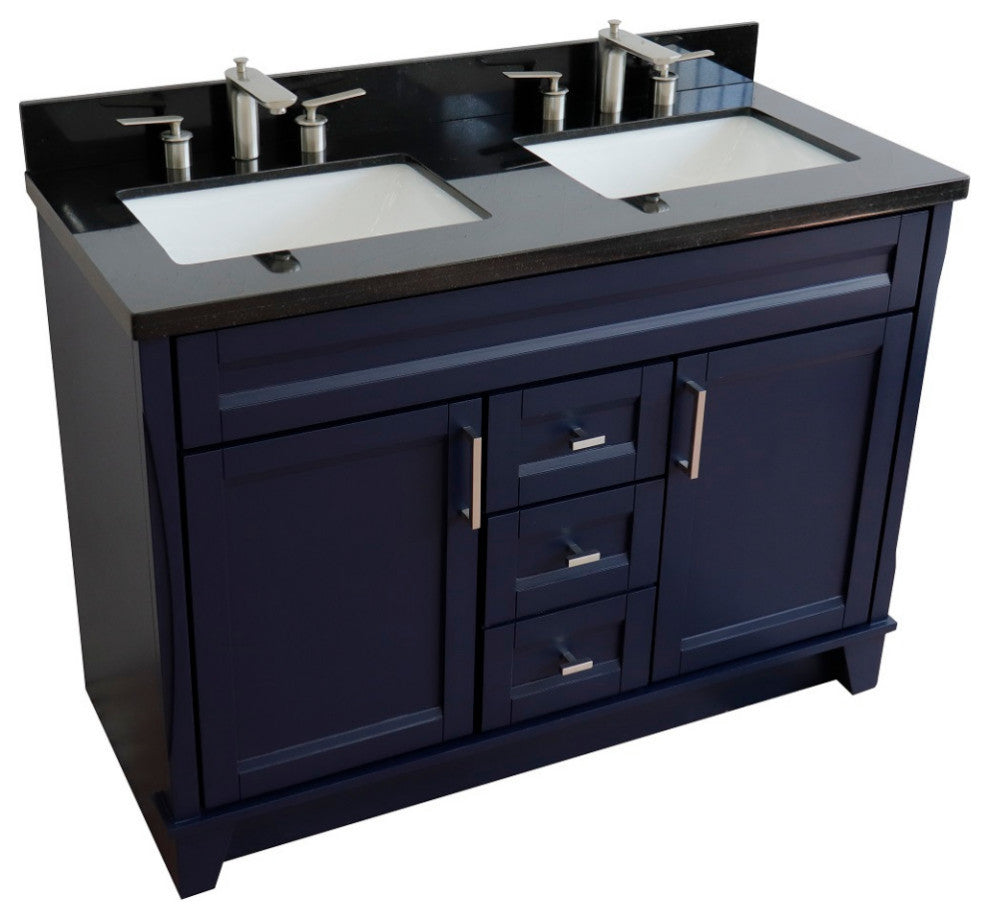 48" Double Sink Vanity, Blue Finish With Black Galaxy Granite