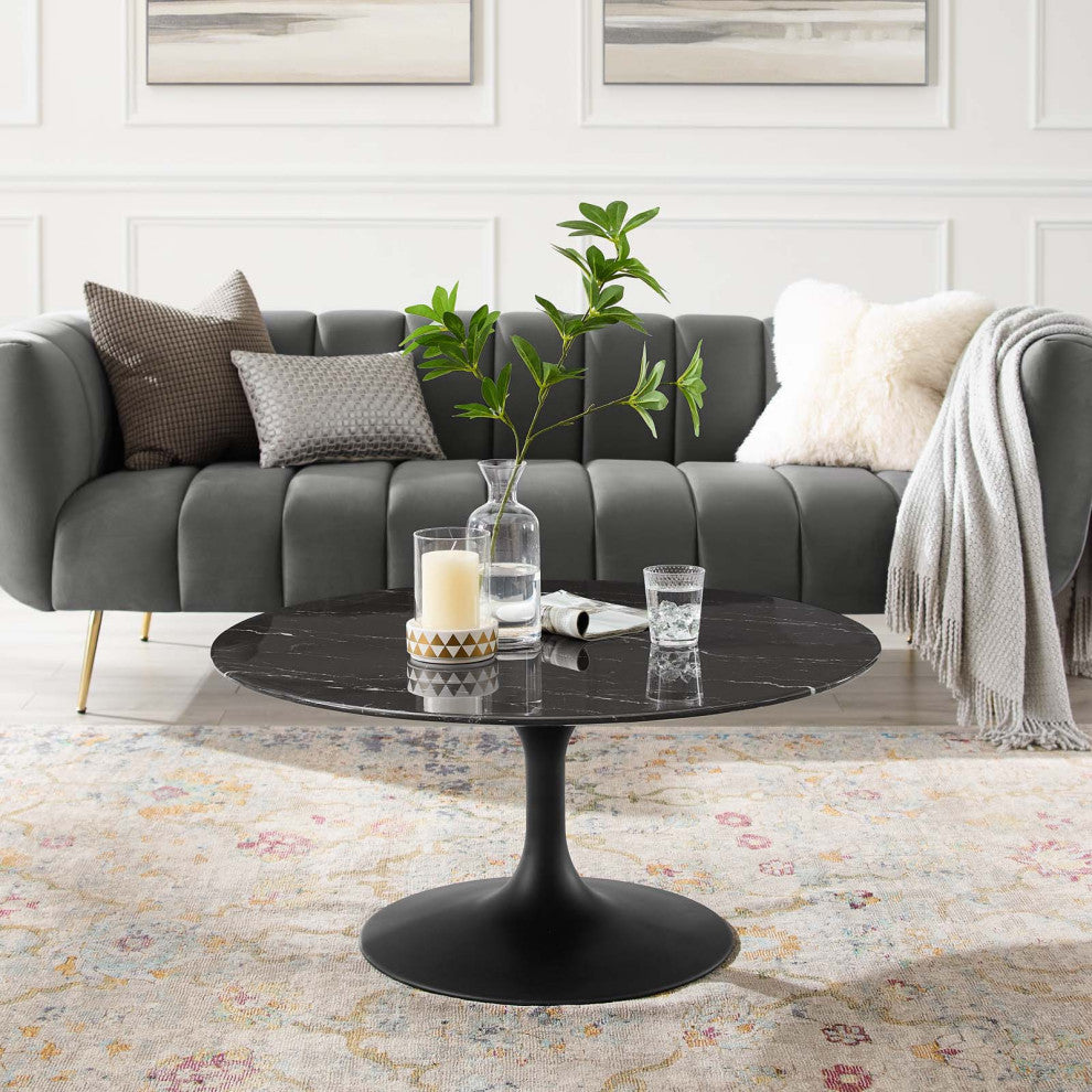 Coffee Table, Round, Artificial Marble, Metal, Black, Modern, Lounge Hospitality