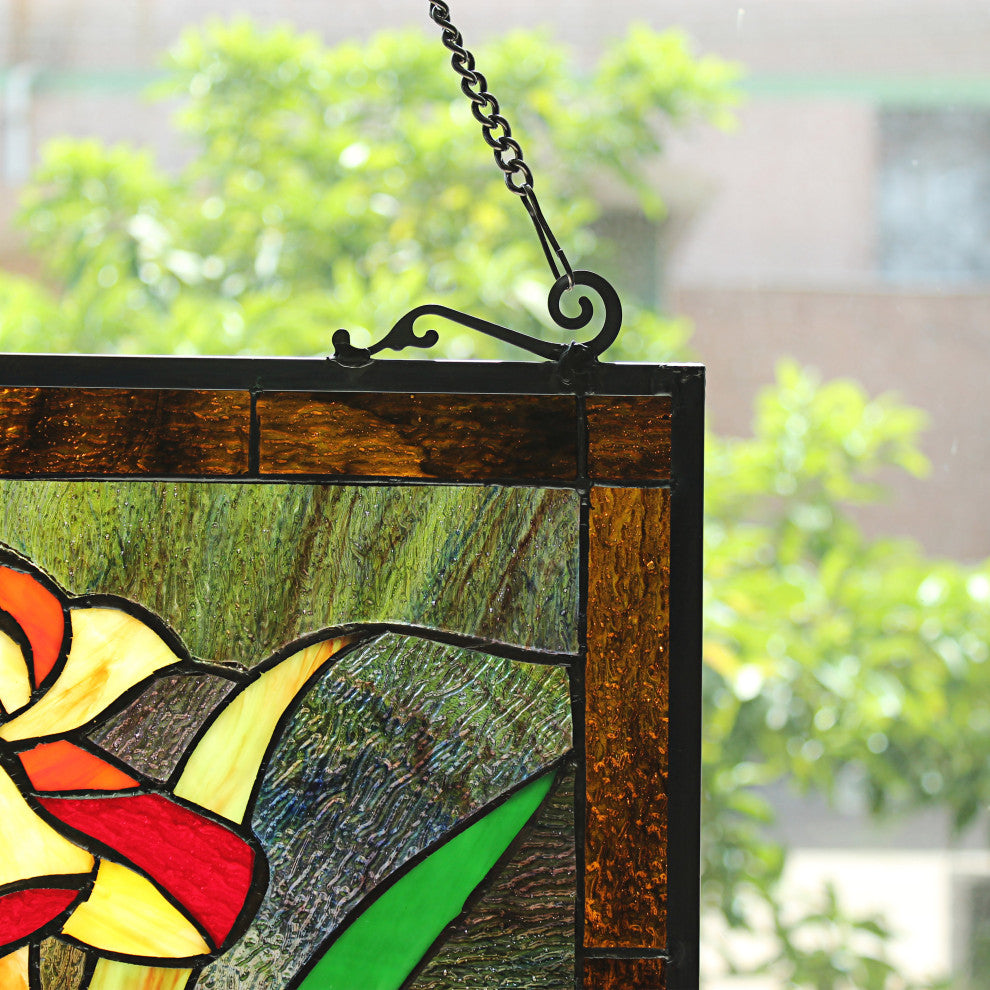CHLOE Lighting FIRE LILY Tiffany-Style Floral Stained Glass Panel