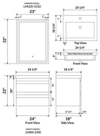 24" Wall-Mount Modern White Vanity LV8W-24W With Square Sink Top