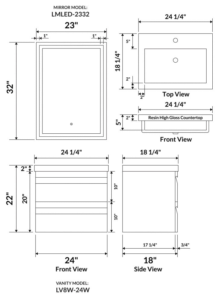 24" Wall-Mount Modern White Vanity LV8W-24W With Square Sink Top