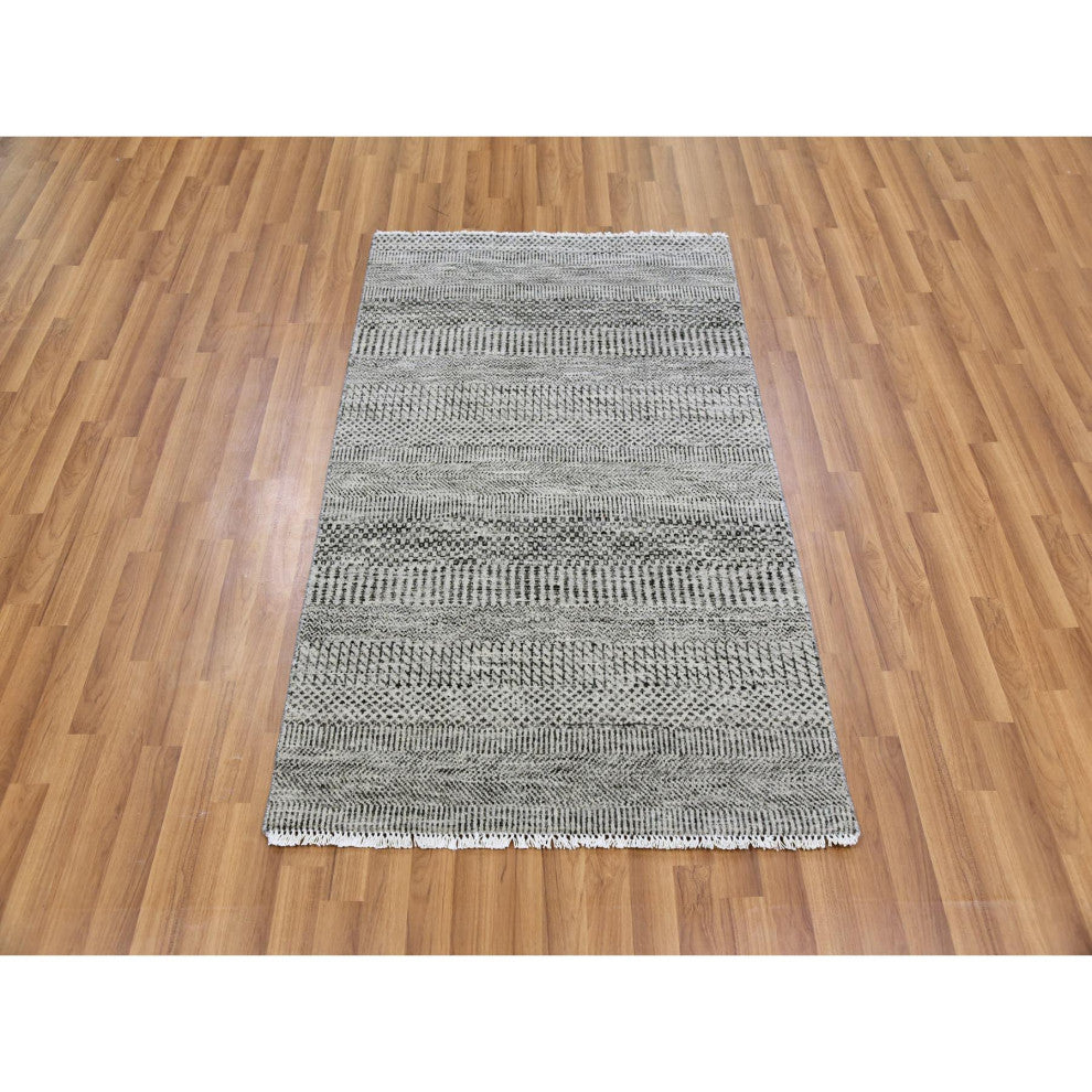 Storm Gray Undyed Natural Wool Grass Design Hand Knotted Oriental Rug 3'x4'9"
