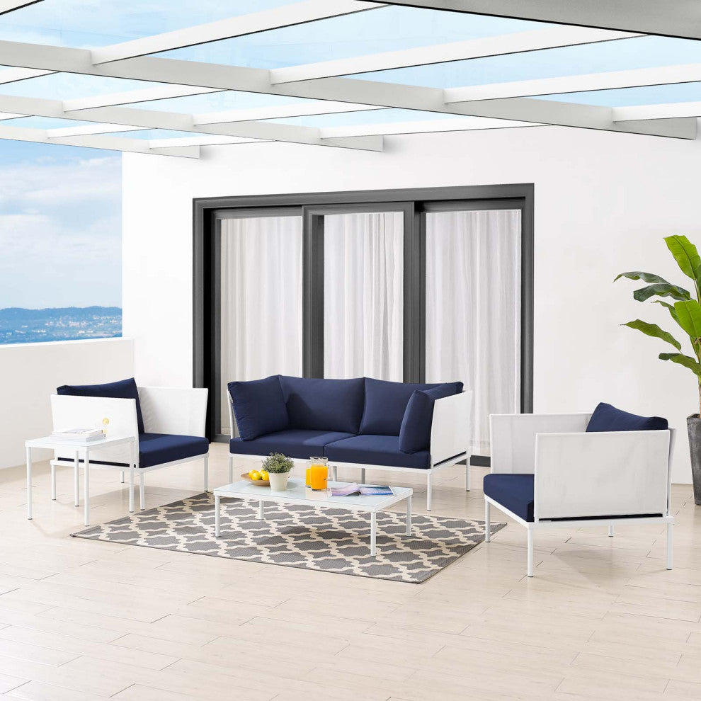Sectional Sofa Chair Table Set, Sunbrella, Aluminum, White Blue Navy, Outdoor
