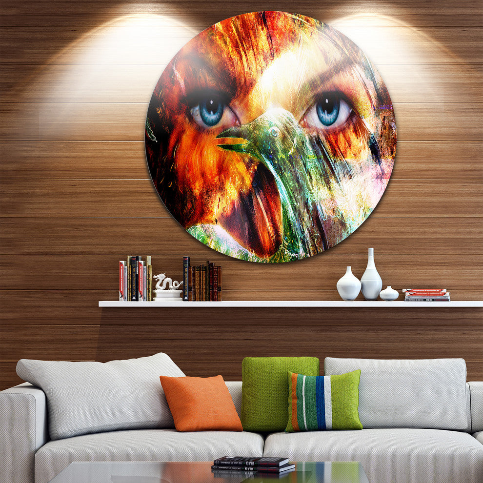Woman Feather Collage, Portrait Round Wall Art, 36"