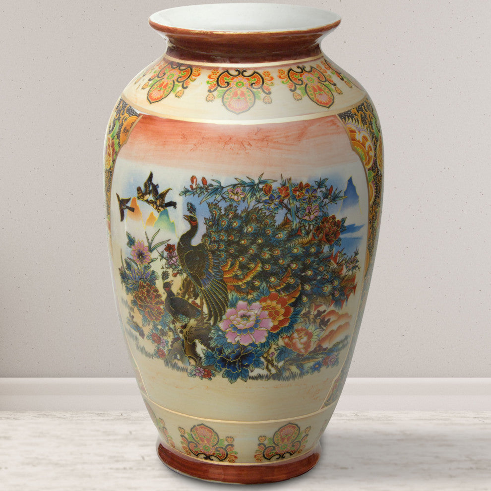 14" Satsuma Peacock Porcelain Tung Chi Vase