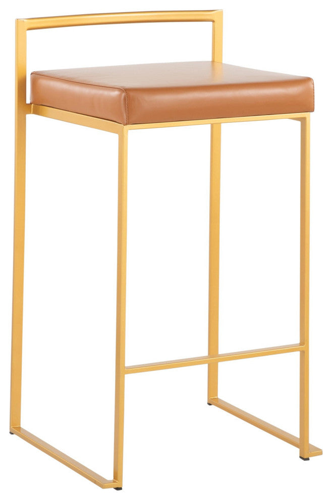 Fuji Stackable Stool, Gold With Camel Faux Leather, Set of 2, Counter Stool