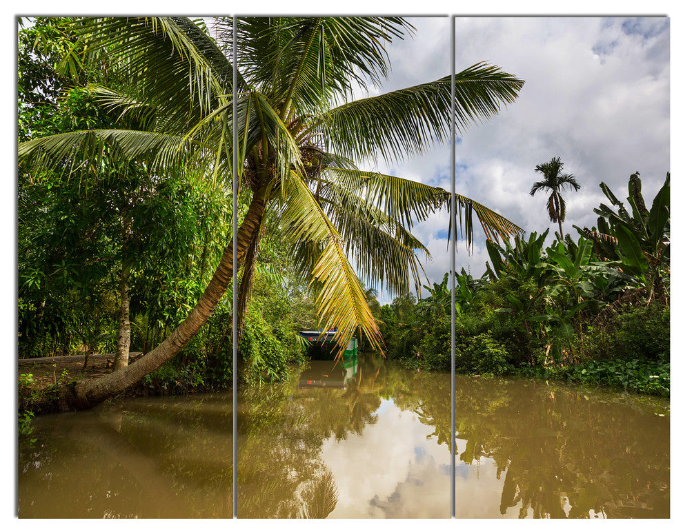 Tropical River with Bent Coconut Palm, Landscape Canvas Art, 36x28, 3 Panels