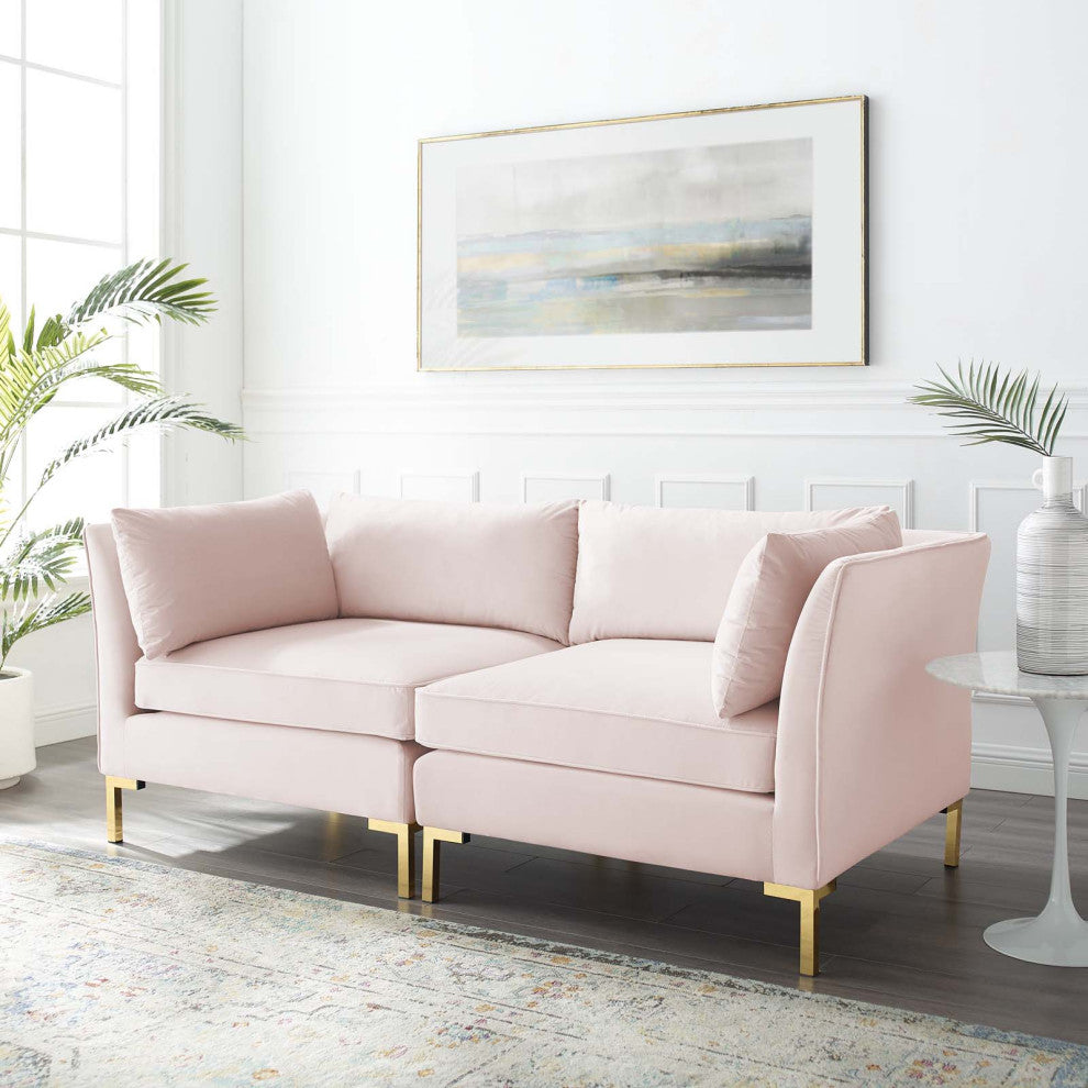 Loveseat Sofa, Velvet, Pink, Modern, Living Lounge Room Hotel Lobby Hospitality