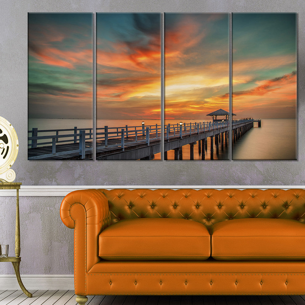 "Colorful Sky And Long Wooden Pier" Sea Pier Wall Art, 4 Panels, 48"x28"
