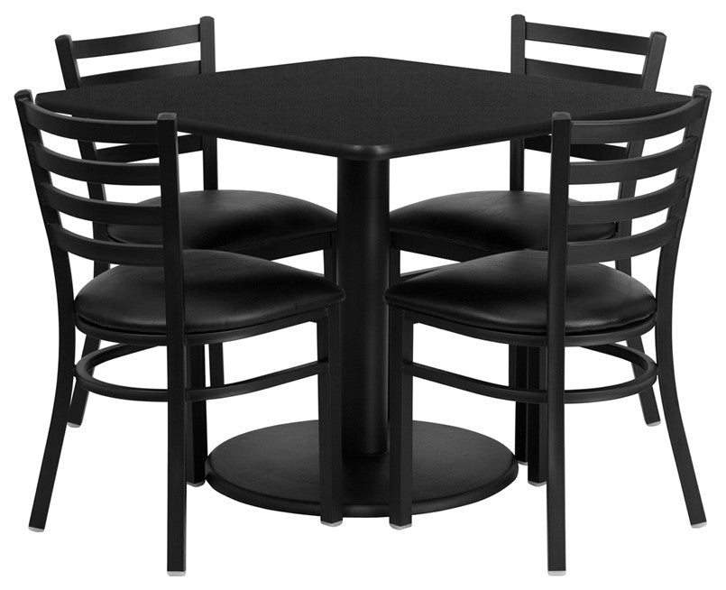 36" Square Walnut Laminate Table Set With 4 Black Trapezoidal Back Chairs
