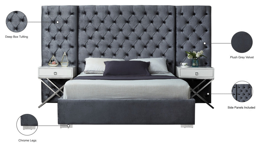 Grande Velvet Bed, Gray, Queen