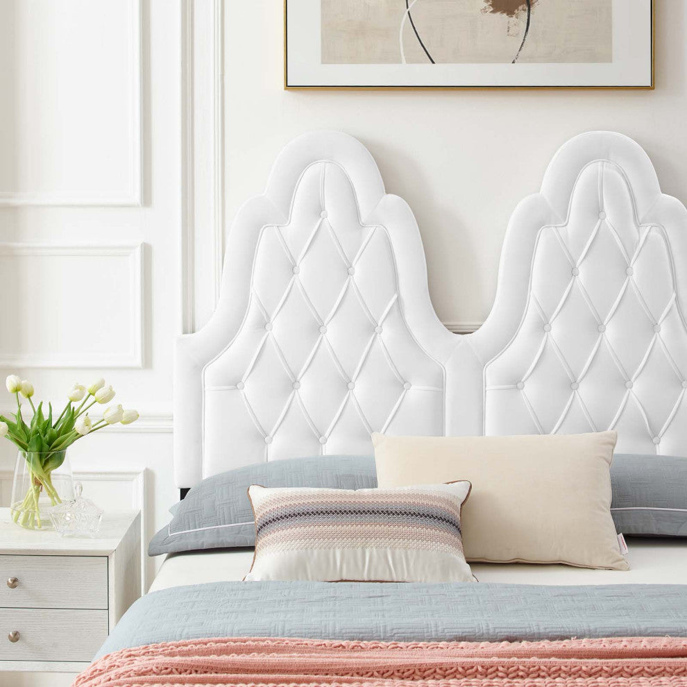 Tufted Platform Bed Frame, King Size, Velvet, White, Modern Contemporary