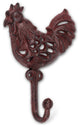 Rooster Vintage Look Single Wall Hook Antiqued Dark Red Cast Iron