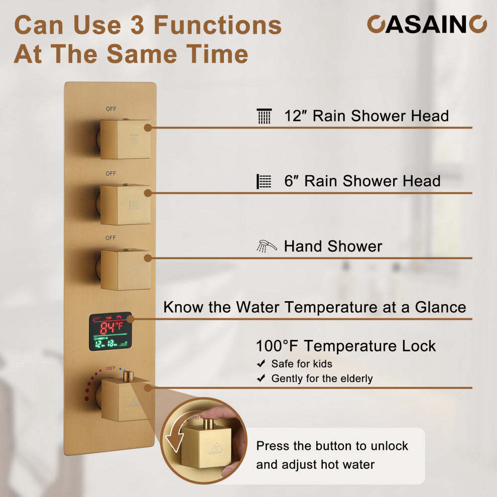 12inch Luxury Shower Dual Shower Head System With LED Light and Bluetooth, Brushed Gold