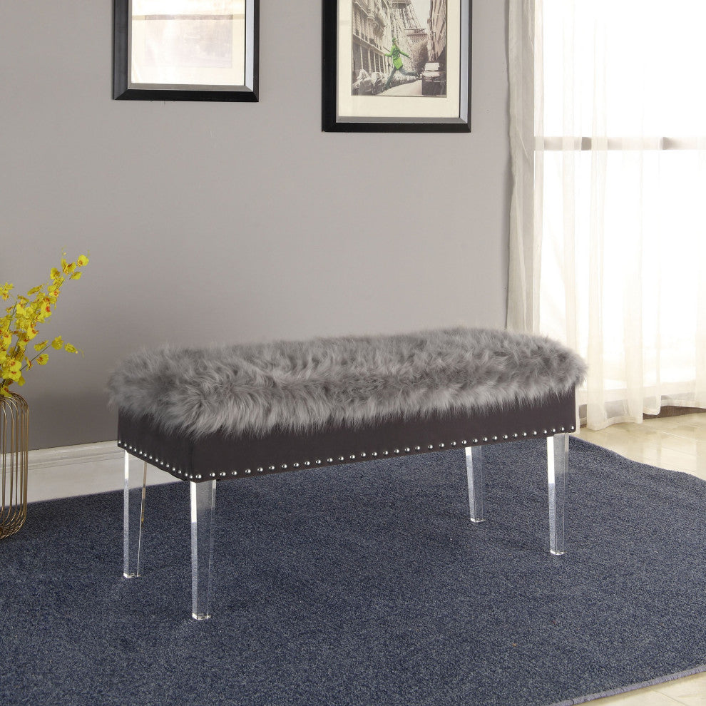 Contemporary Chic Gray Faux Fur and Clear Acrylic Storage Bench