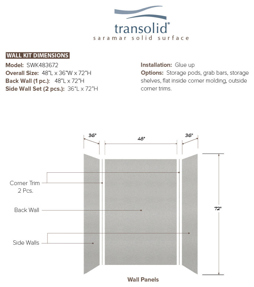 Transolid SaraMar 48"x36"x72" 3-Piece Shower Wall Kit, Grey Beach Velvet