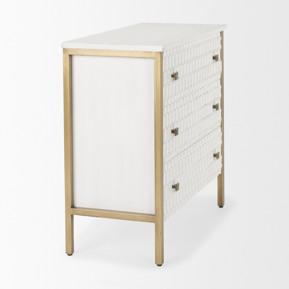 Savannah White Fir Veneer With Gold Metal Frame 3 Drawer Accent Cabinet