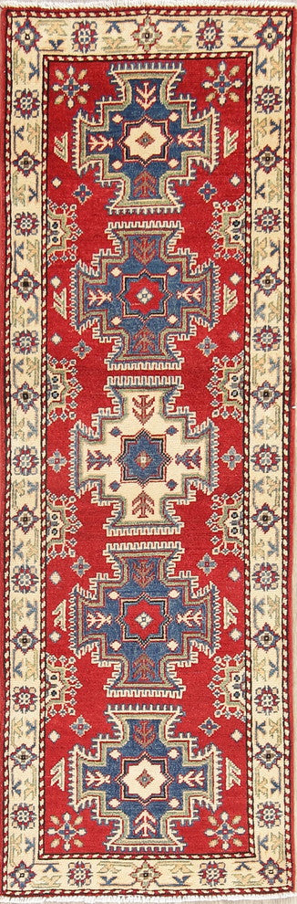 Traditional Oriental Kazak Hand-Knotted Pakistani Runner Rug, Red, 6'1"X2'0"