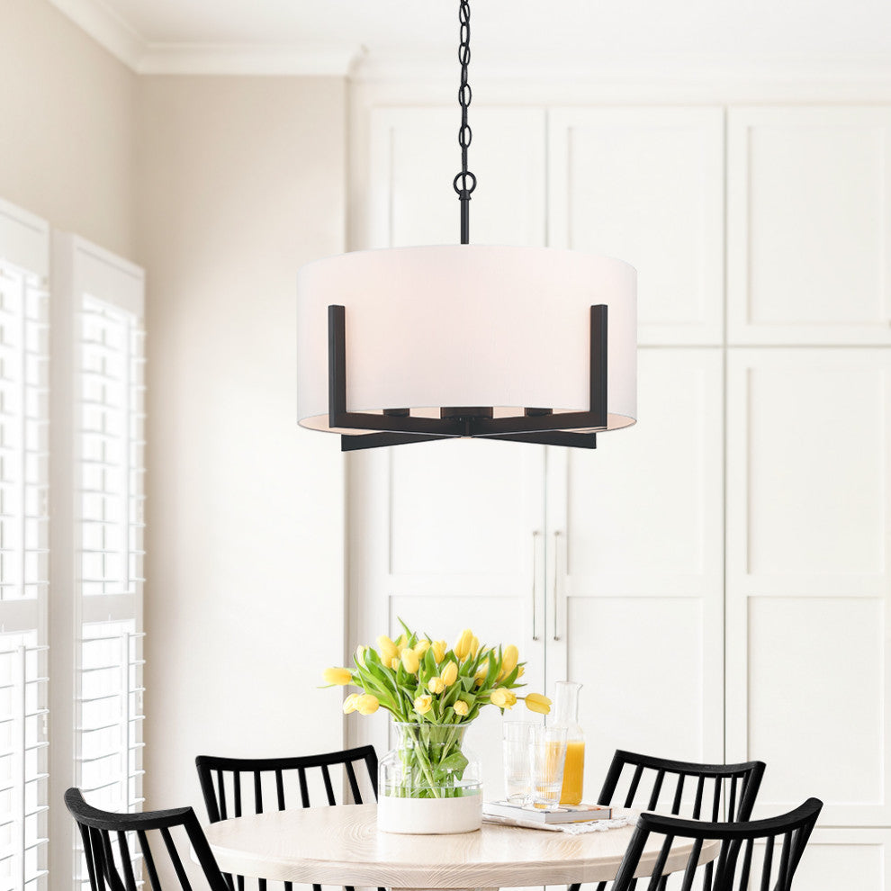 22" W 4-Light Matte Black Chandelier Pendant Light With White Drum Shade