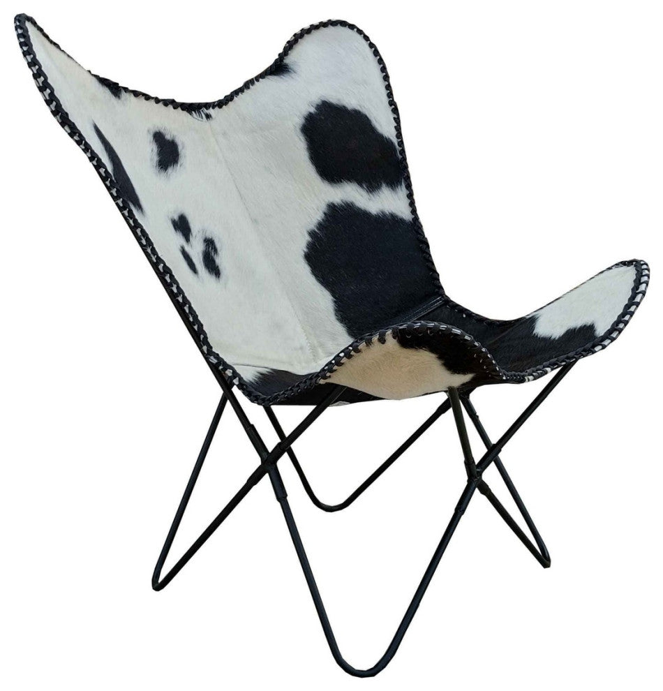 Butterfly Chair Milo, Visually Striking Black And White Cowhide