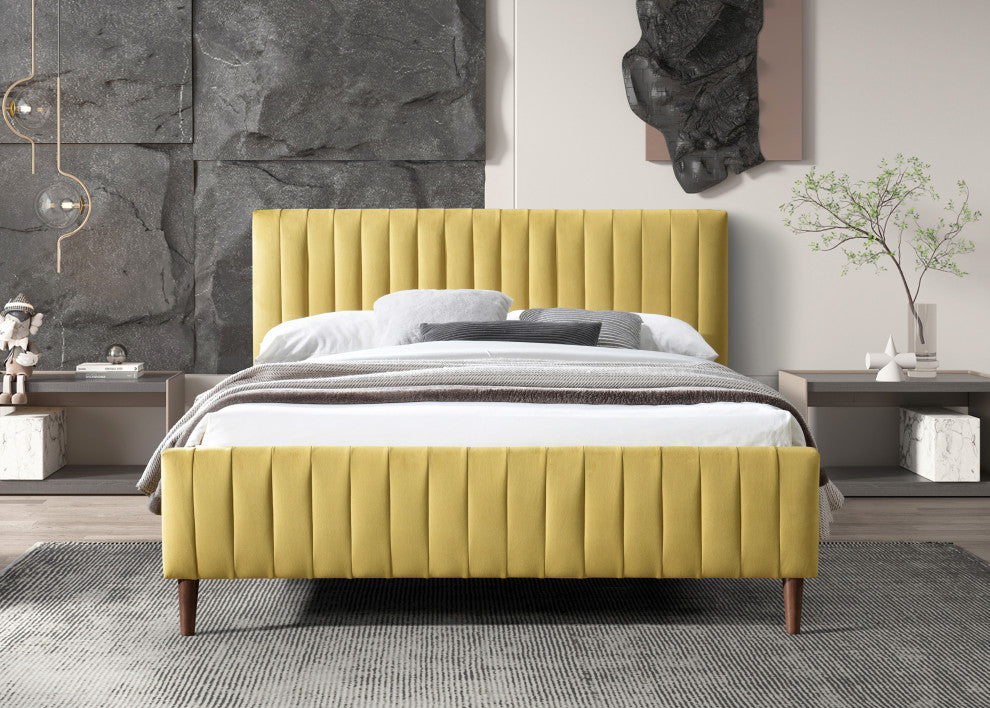 Omax Decor Spencer Upholstered Platform Bed, Gold Velvet, Queen