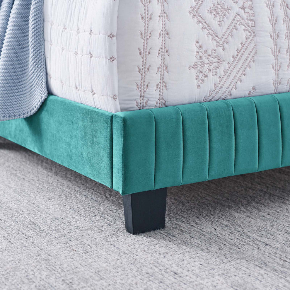 Tufted Platform Bed Frame, Full Size, Velvet, Teal Blue, Modern Contemporary