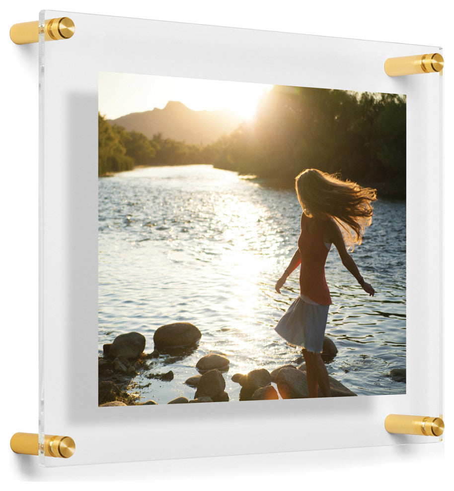 8x10" Clear UV Grade Acrylic Double Panel Floating Picture Frame Gold Hardware