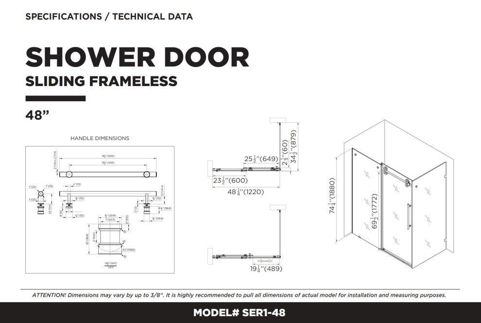 Frameless Shower Enclosure Sliding Shower Glass Door - Tempered Glass, Polished Chrome, 48"