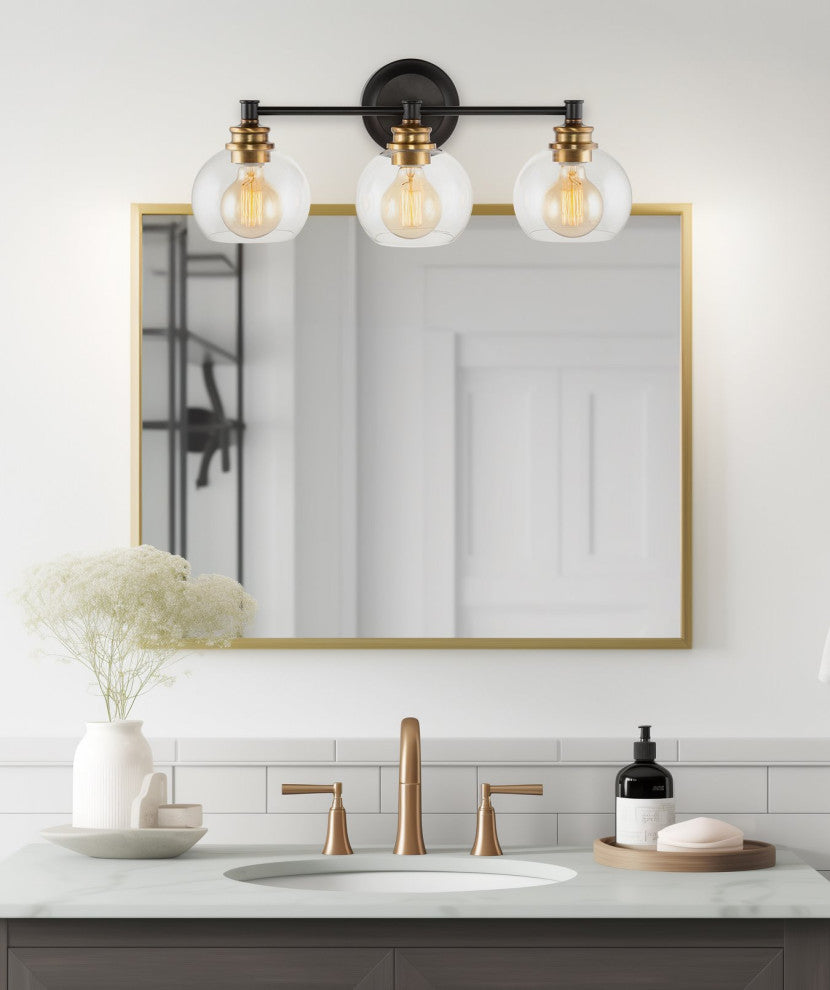 Kira Home Odette 22" Bathroom Light, Glass Globe Shades, Warm Brass Accents, Oil