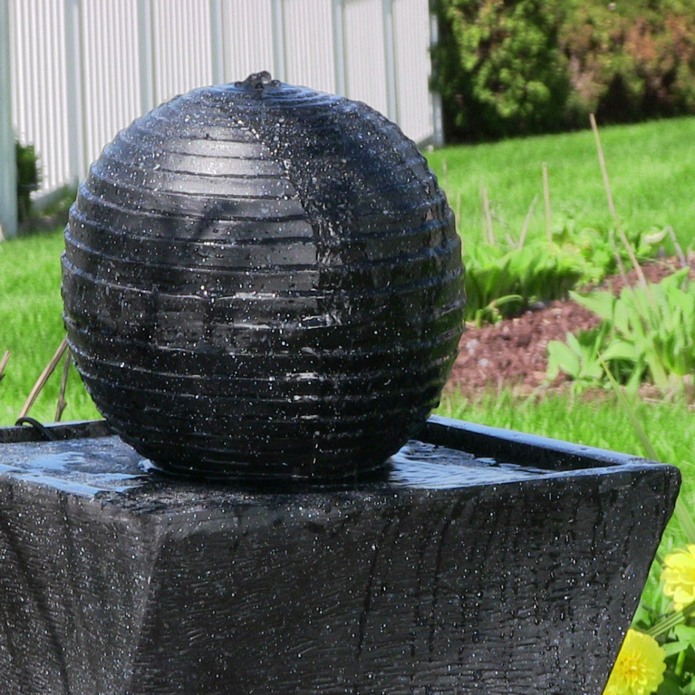Sunnydaze Black Ball Outdoor Solar Water Fountain, Solar-on-Demand, LED Light