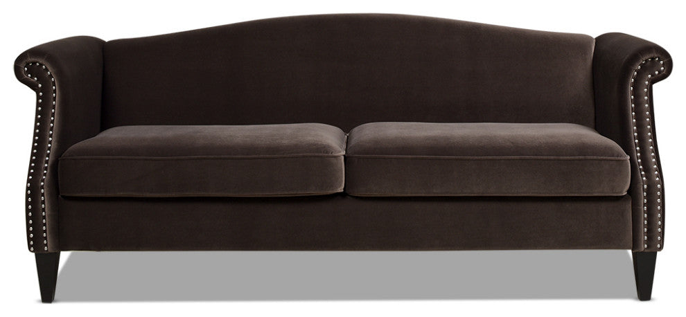 Elaine 77" Camel Back Small Space Sofa, Deep Brown Performance Velvet