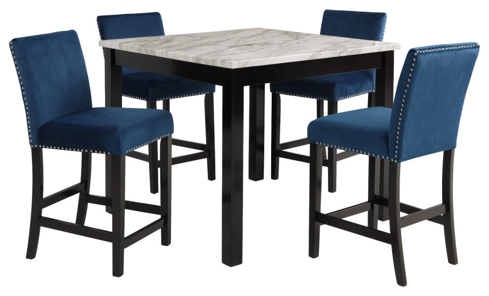 Benzara BM272111 Kate 42" 5 Piece Counter Table Set With Velvet Seating, Blue