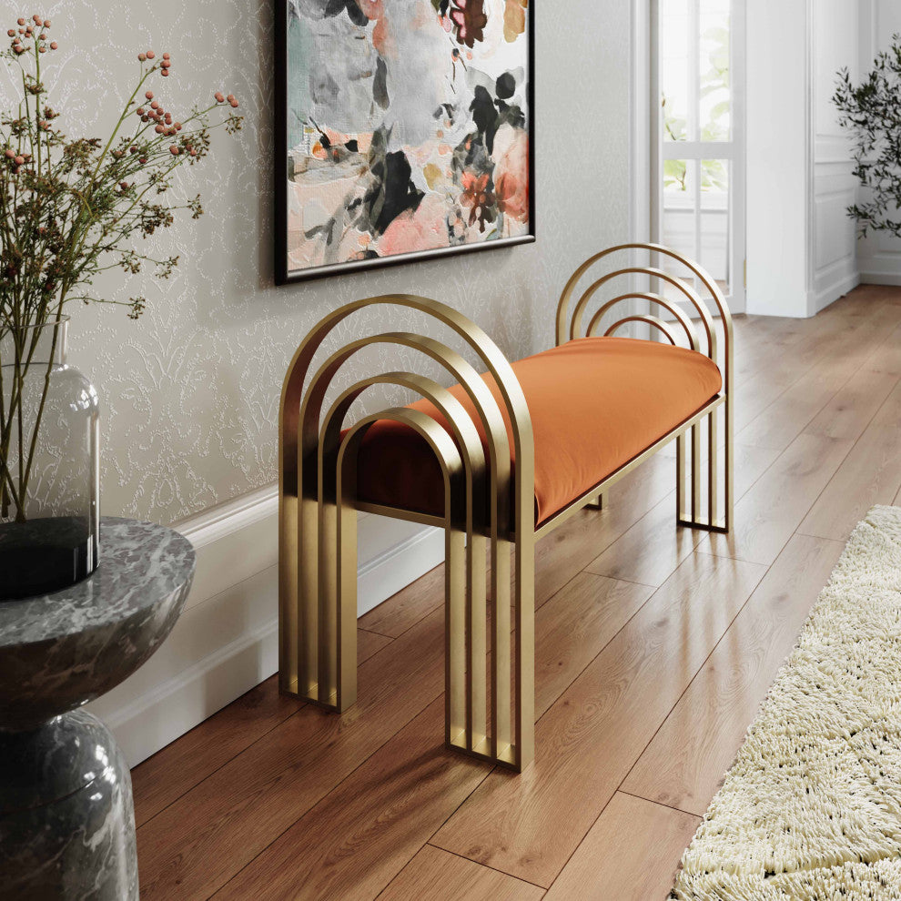 Mavis Velvet Bench, Art Deco Entryway Bench, Glam Luxe Gold Bed Bench, Cinnamon